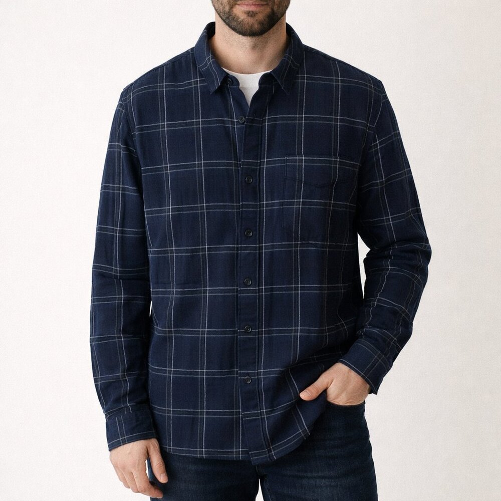 Baldwin Kansas City Men’s Button Down Navy Plaid Shirt Linen Cotton Blend Size M